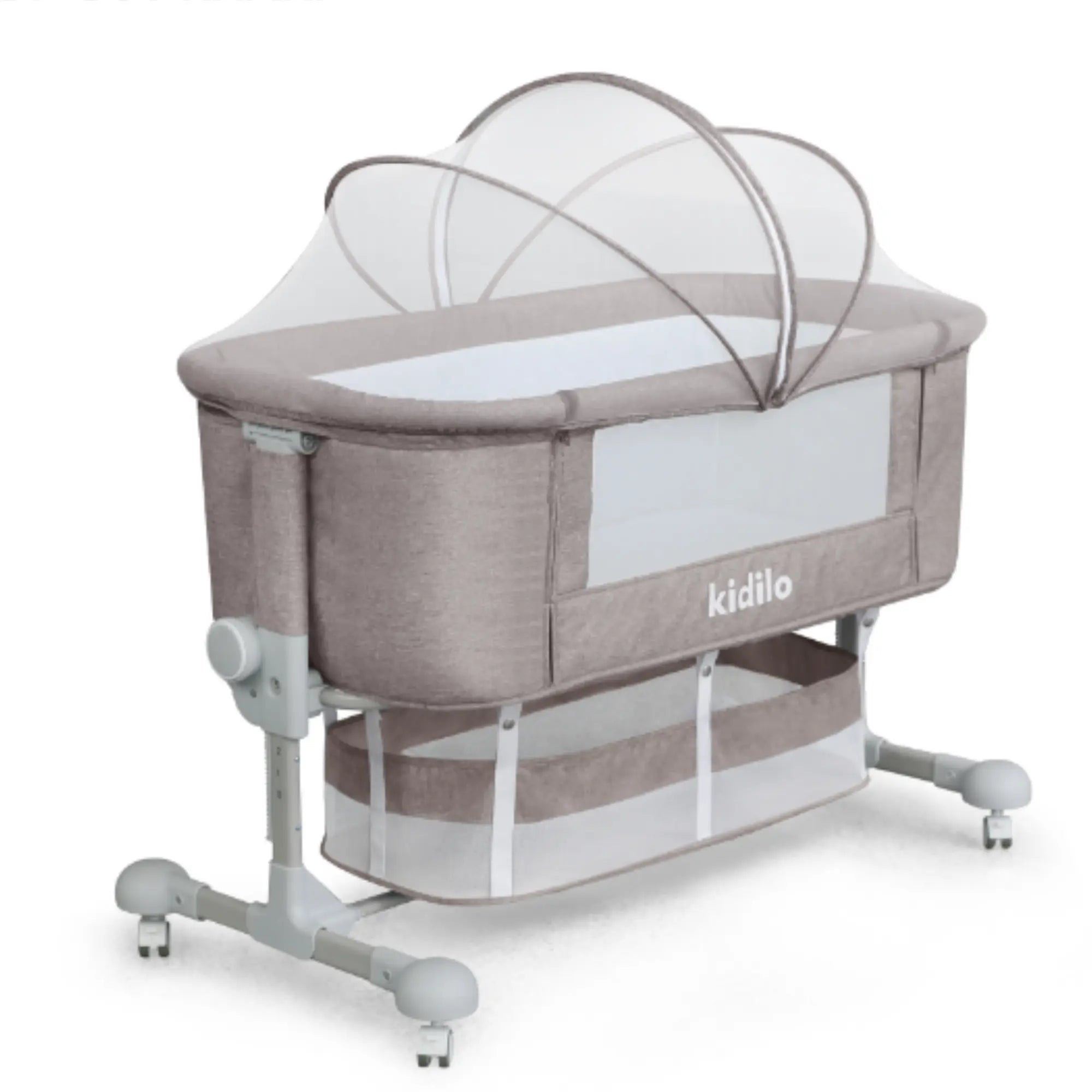 Kidilo BP-301 Bedside Baby Bassinet | Adjustable Height Sleeping Crib | Breathable Mesh Sides | Foldable Mosquito Net Canopy | Lockable Wheels | Storage Basket |
