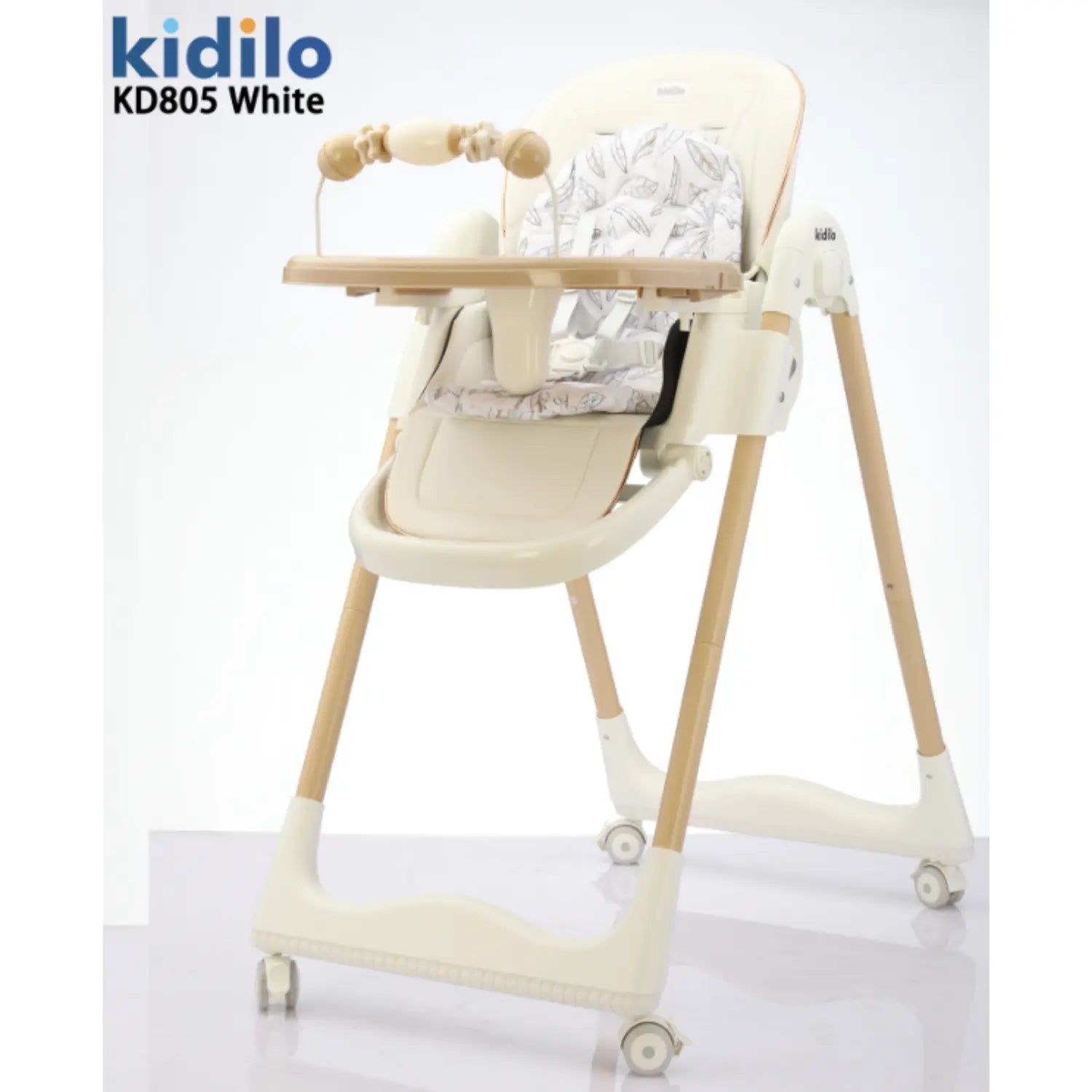 Kidilo KD805 Baby High Chair | Reclining Seat with Padded Insert | Detachable Double Feeding Tray & Toy Bar | 5-Point Safety Harness | Lockable Rolling Wheels | Easy-Clean Design | Wide Stable Base