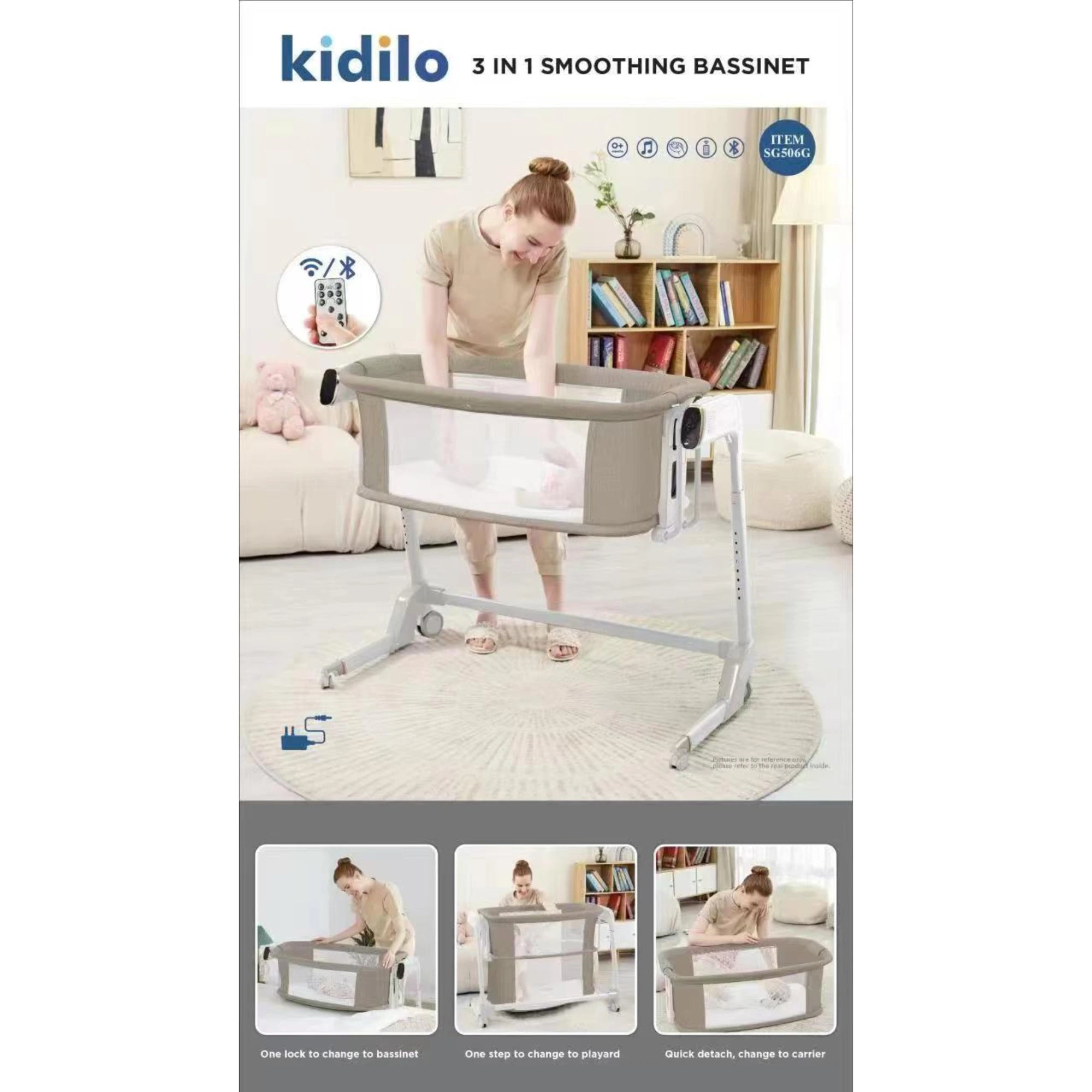 Kidilo SG506G 3-in-1 Baby Bassinet Crib – Electric Rocking Bedside Sleeper with Bluetooth Music, Remote Control & Adjustable Height