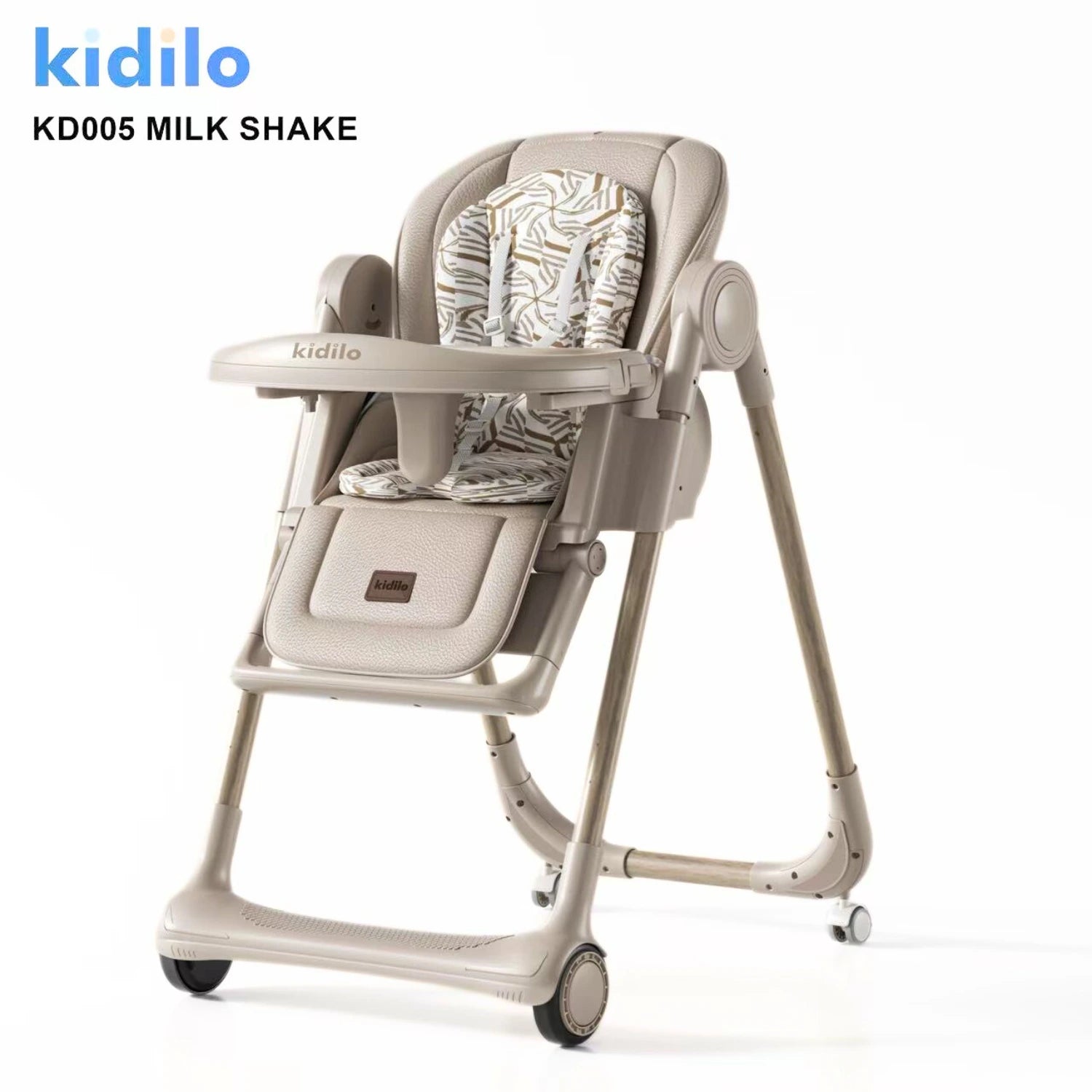 Kidilo KD005 Baby High Chair | Adjustable Reclining Feeding Chair With Removable Tray | 5-Point Safety Harness | Cushioned Seat Pad & Footrest | Smooth Rolling Wheels With Brakes | Easy-Clean Design