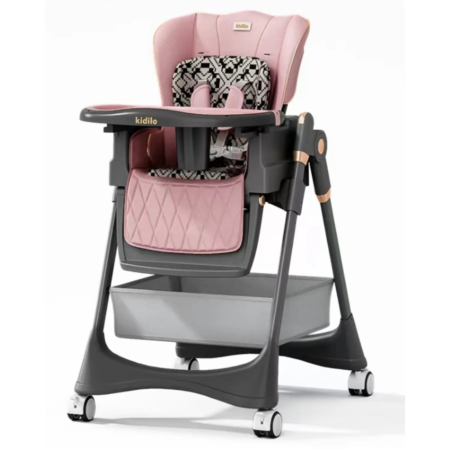 Kidilo Baby High Chair Highchair with Wheels and Large Storage Basket | Reclining Padded Seat Insert | Removable Feeding Tray with Cup Holder | 5-Point Harness