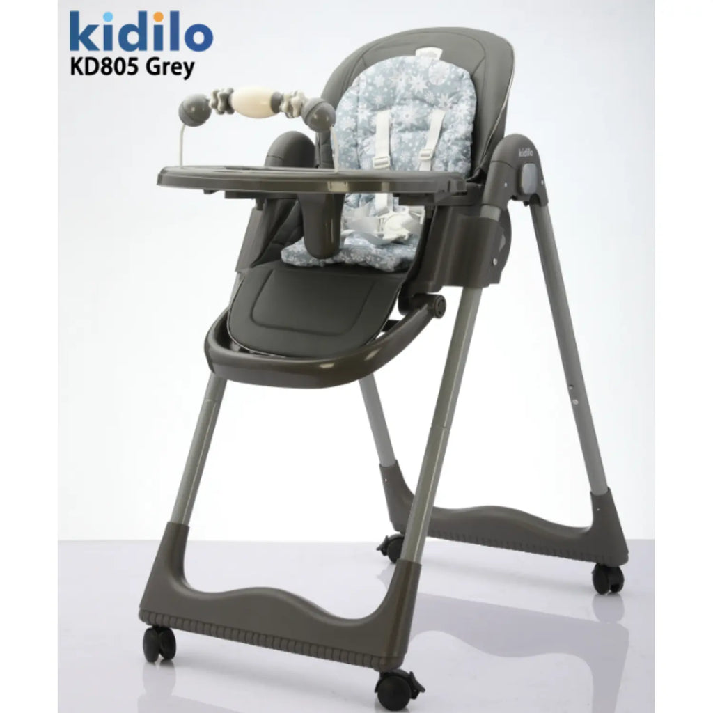 Kidilo KD805 Baby High Chair | Reclining Seat with Padded Insert | Detachable Double Feeding Tray & Toy Bar | 5-Point Safety Harness | Lockable Rolling Wheels | Easy-Clean Design | Wide Stable Base
