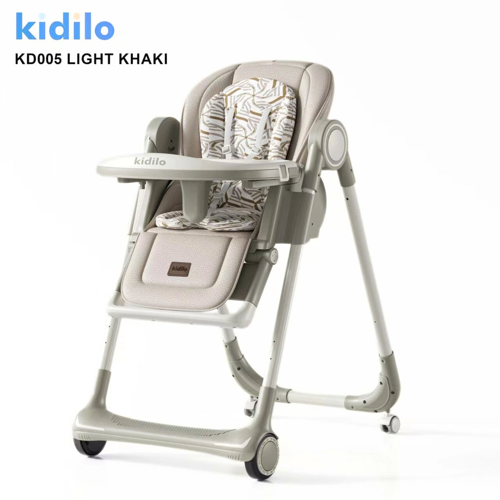 Kidilo KD005 Baby High Chair | Adjustable Reclining Feeding Chair With Removable Tray | 5-Point Safety Harness | Cushioned Seat Pad & Footrest | Smooth Rolling Wheels With Brakes | Easy-Clean Design