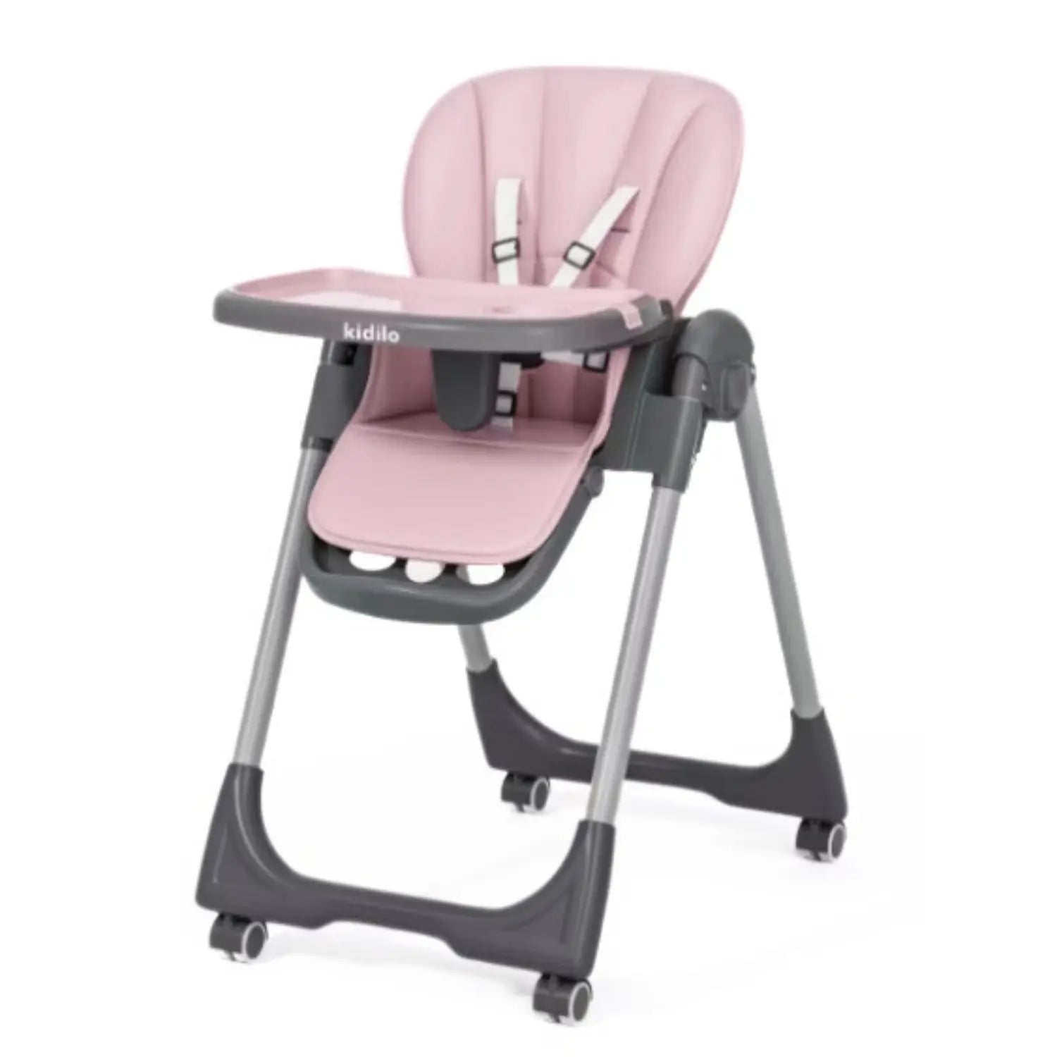 Kidilo Baby High Chair | Highchair with Lockable Wheels | Removable Feeding Tray with Cup Holder | 5-Point Safety Harness | Easy-Clean Padded Seat | Stable Frame | Compact Design for Baby & Toddler