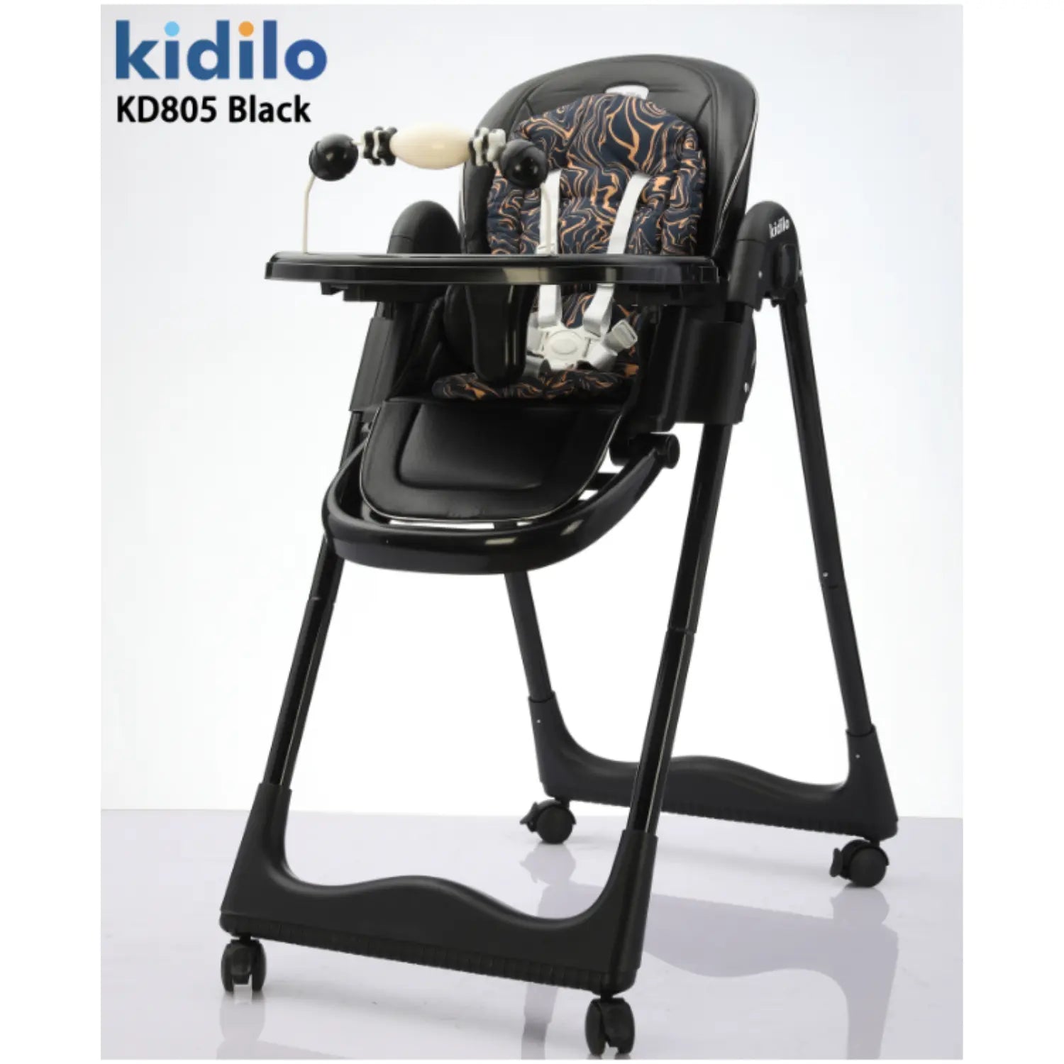 Kidilo KD805 Baby High Chair | Reclining Seat with Padded Insert | Detachable Double Feeding Tray & Toy Bar | 5-Point Safety Harness | Lockable Rolling Wheels | Easy-Clean Design | Wide Stable Base
