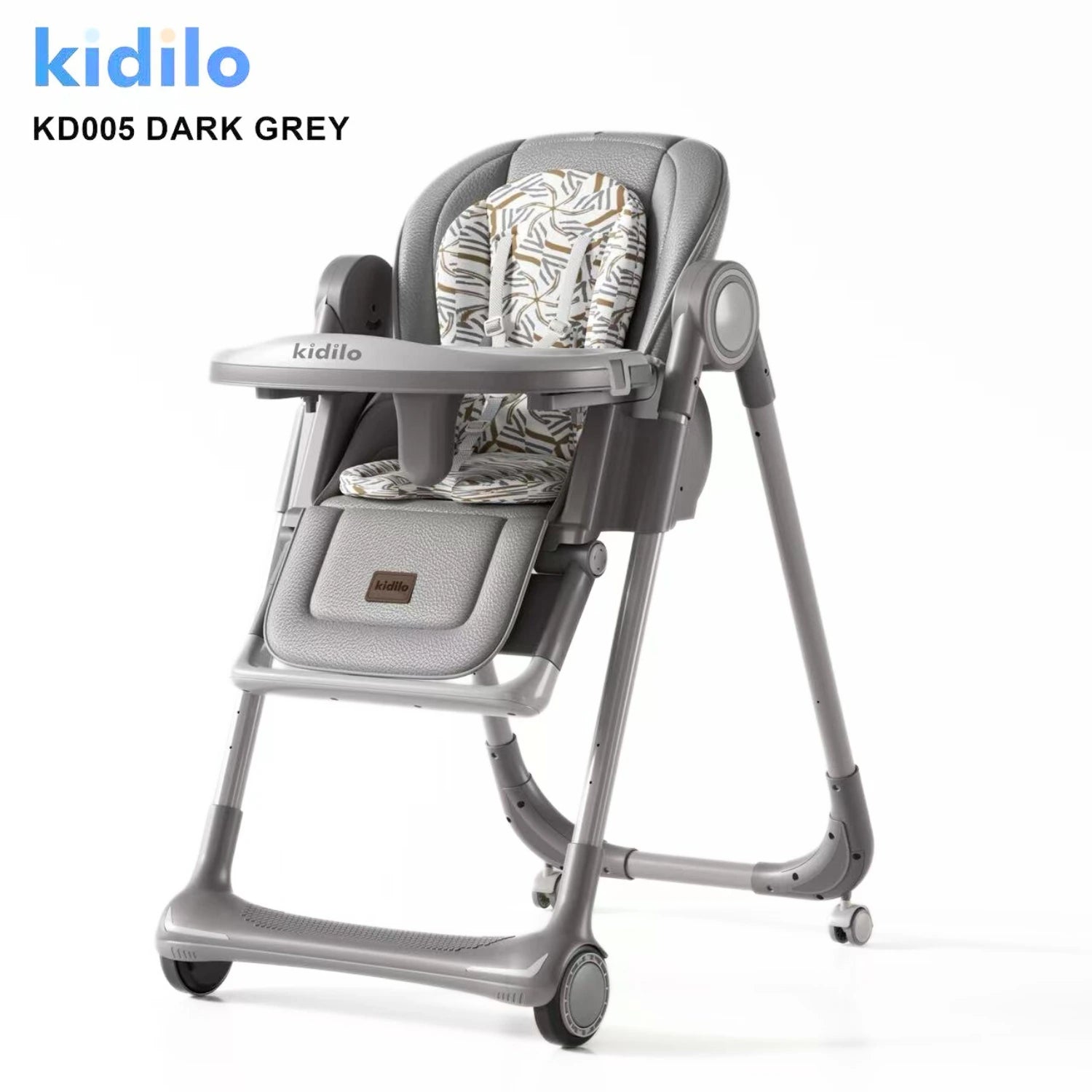 Kidilo KD005 Baby High Chair | Adjustable Reclining Feeding Chair With Removable Tray | 5-Point Safety Harness | Cushioned Seat Pad & Footrest | Smooth Rolling Wheels With Brakes | Easy-Clean Design