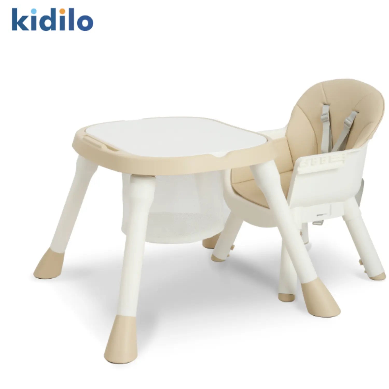 Kidilo KD013 2-in-1 Baby High Chair to Toddler Table Set | Removable Feeding Tray with Cup Holder | 5-Point Harness | Easy-Clean Seat | Storage Basket | Anti-Slip Feet