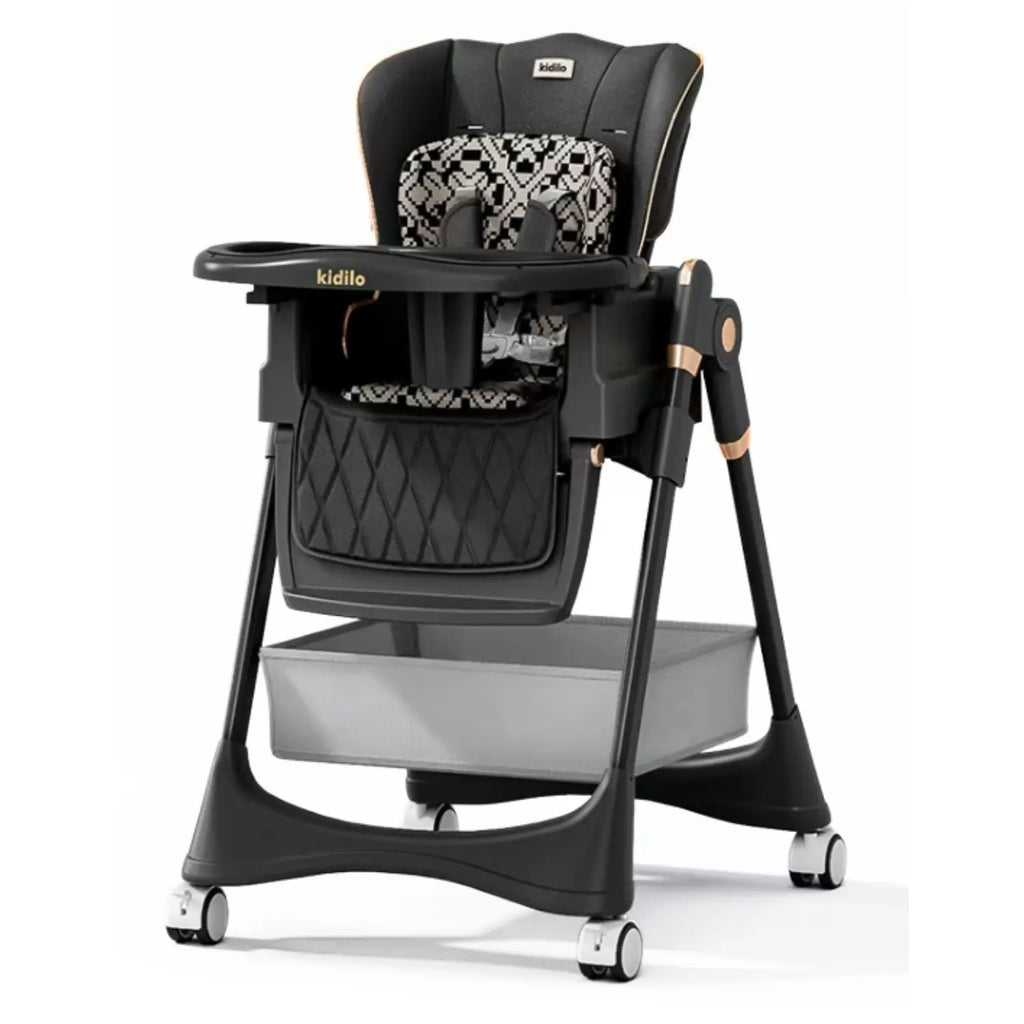 Kidilo Baby High Chair Highchair with Wheels and Large Storage Basket | Reclining Padded Seat Insert | Removable Feeding Tray with Cup Holder | 5-Point Harness