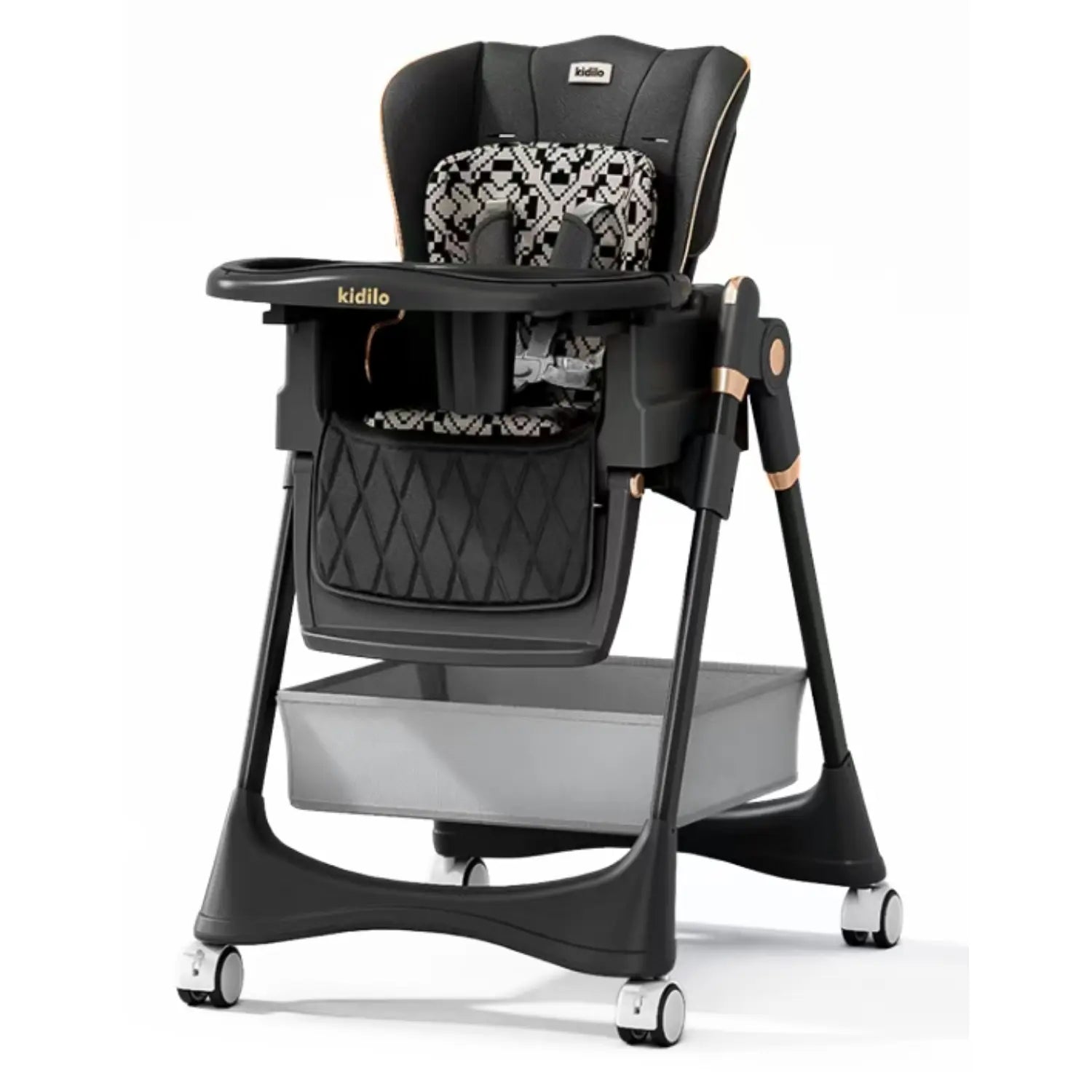 Kidilo Baby High Chair Highchair with Wheels and Large Storage Basket | Reclining Padded Seat Insert | Removable Feeding Tray with Cup Holder | 5-Point Harness