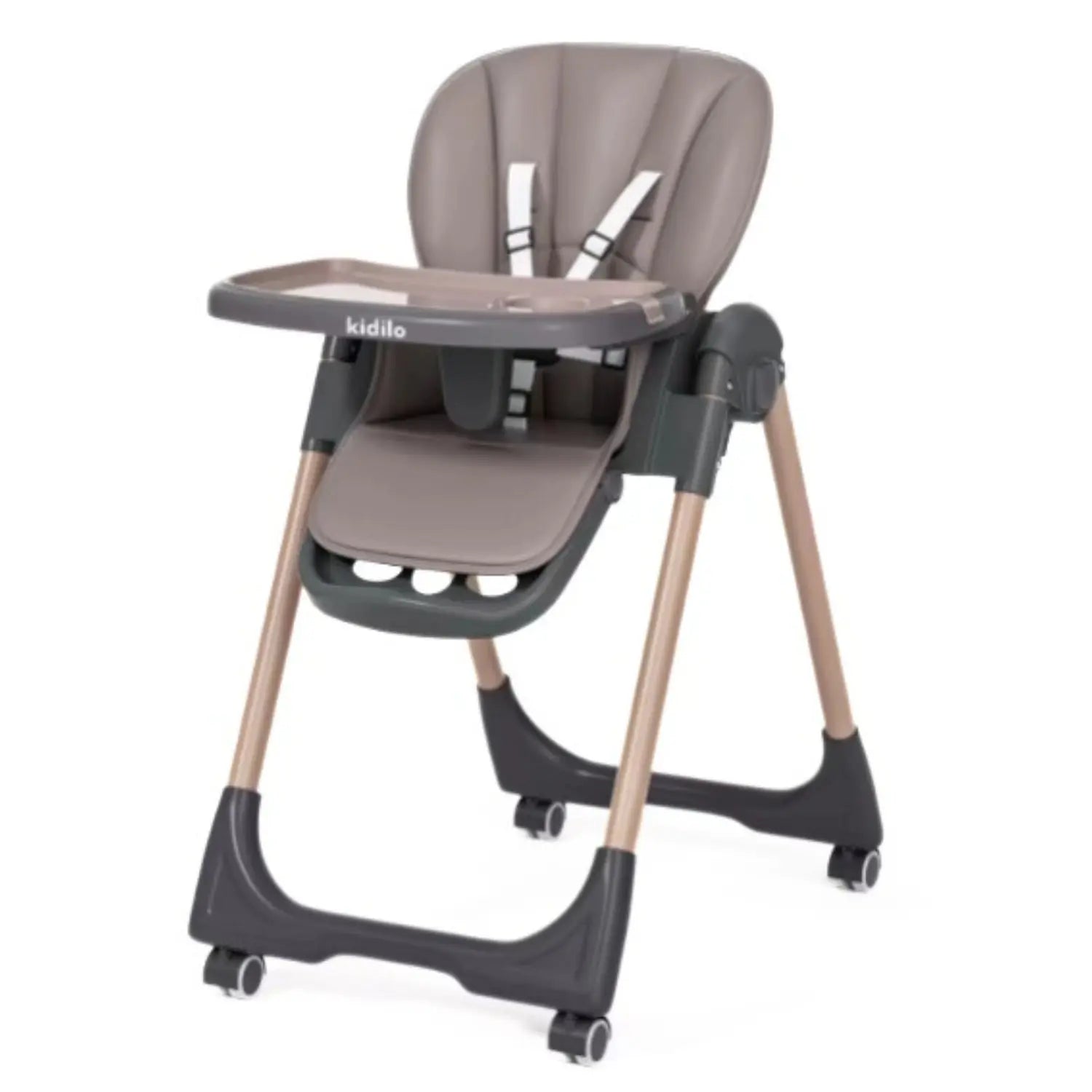 Kidilo Baby High Chair | Highchair with Lockable Wheels | Removable Feeding Tray with Cup Holder | 5-Point Safety Harness | Easy-Clean Padded Seat | Stable Frame | Compact Design for Baby & Toddler