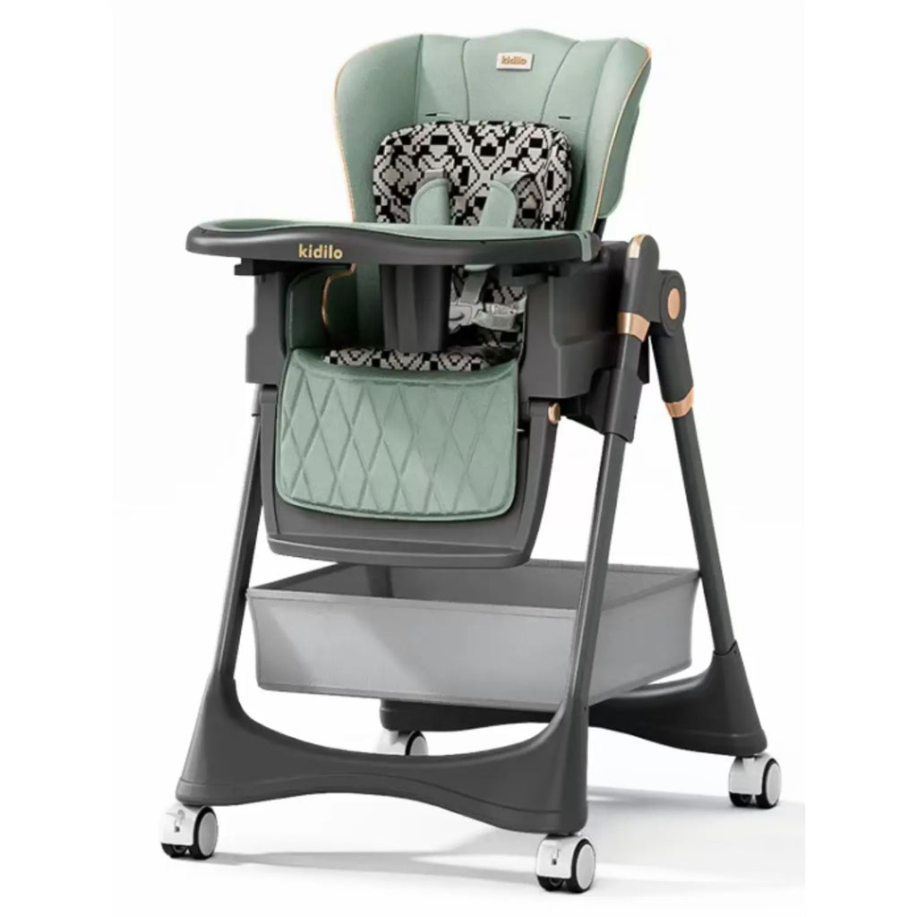 Kidilo Baby High Chair Highchair with Wheels and Large Storage Basket | Reclining Padded Seat Insert | Removable Feeding Tray with Cup Holder | 5-Point Harness