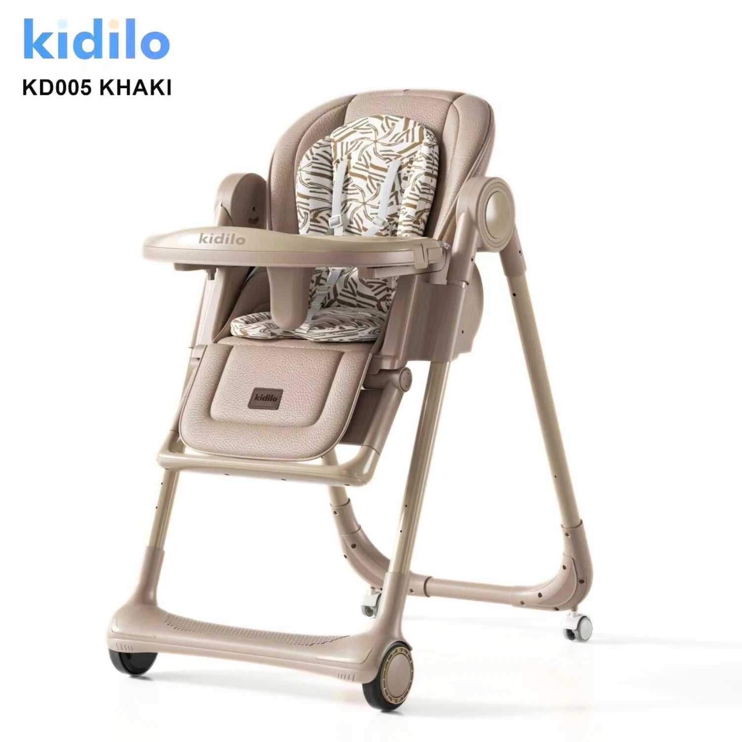 Kidilo KD005 Baby High Chair | Adjustable Reclining Feeding Chair With Removable Tray | 5-Point Safety Harness | Cushioned Seat Pad & Footrest | Smooth Rolling Wheels With Brakes | Easy-Clean Design