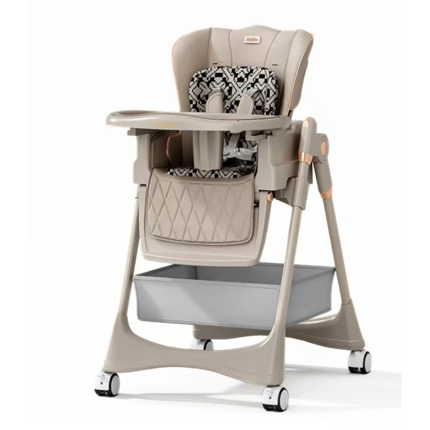 Kidilo Baby High Chair Highchair with Wheels and Large Storage Basket | Reclining Padded Seat Insert | Removable Feeding Tray with Cup Holder | 5-Point Harness