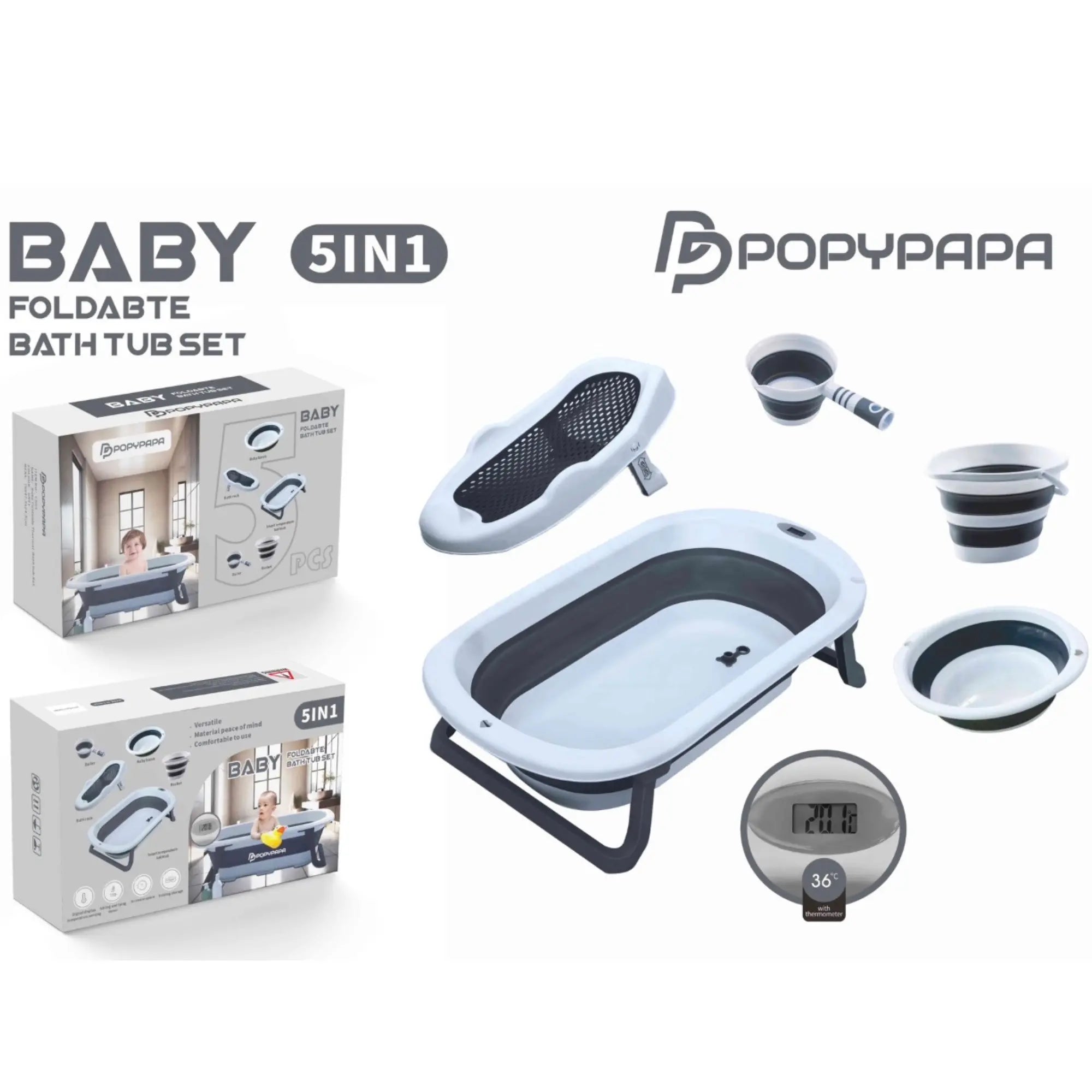 PopyPapa Baby Foldable Bath Tub Set 5-in-1 | Collapsible Infant Bathtub With Stand | Newborn Bath Support Seat | Digital Thermometer | Foldable Rinse Cup & Wash Bowls | Space-Saving