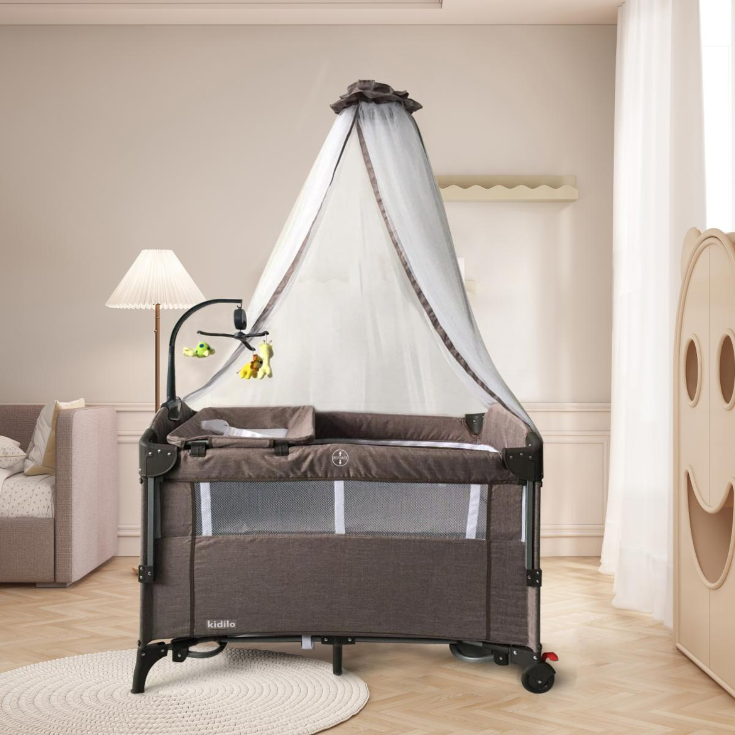Kidilo Portable Baby Bed with Canopy | Adjustable Co-Sleeping Bassinet with Rocking Feature | Foldable Design with Wheels for Easy Mobility | Breathable Mesh Sides | Detachable Side for Night Feedings | Includes Mobile with Hanging Toys & Storage Basket