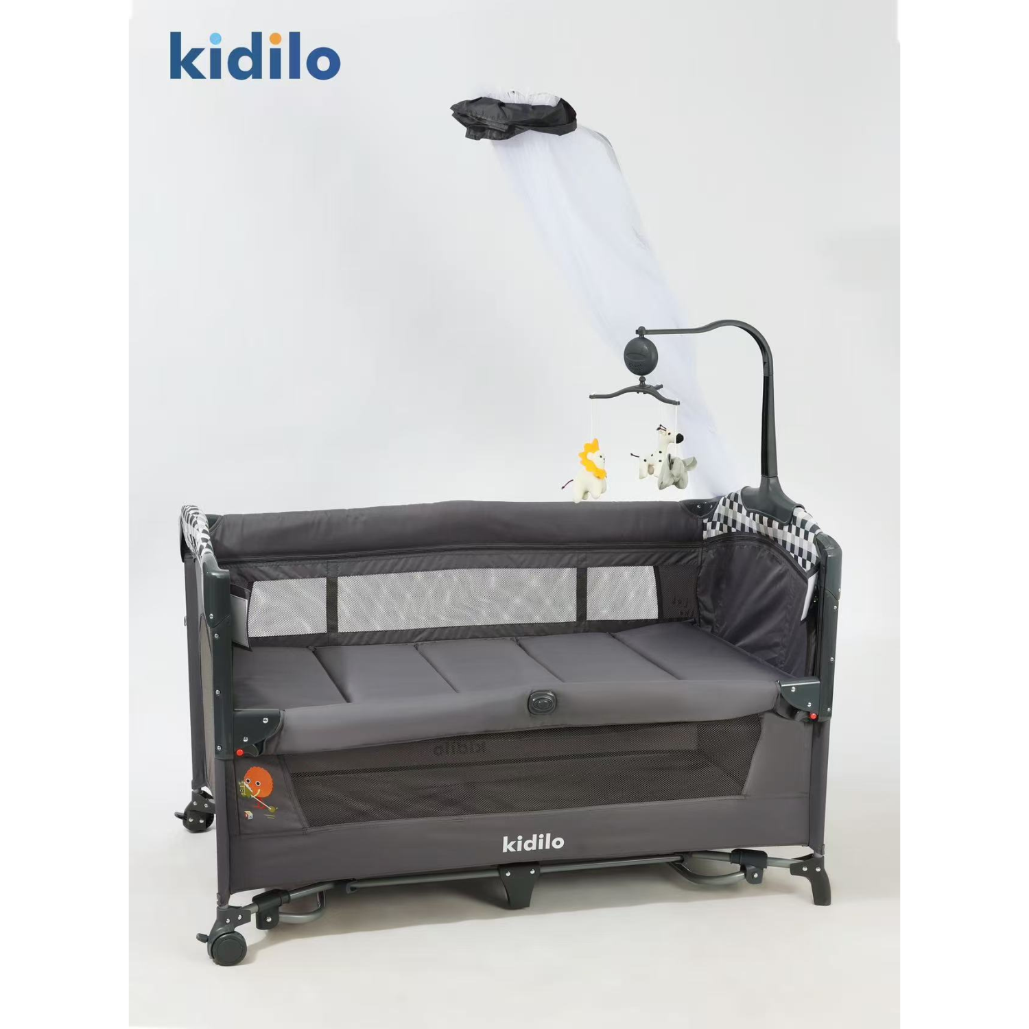 Kidilo Portable Baby Bed | Adjustable Co-Sleeping Bassinet with Rocking Feature | Foldable Design with Wheels | Breathable Mesh Sides & Washable Fabric | Detachable Side for Easy Access | Storage Basket Included