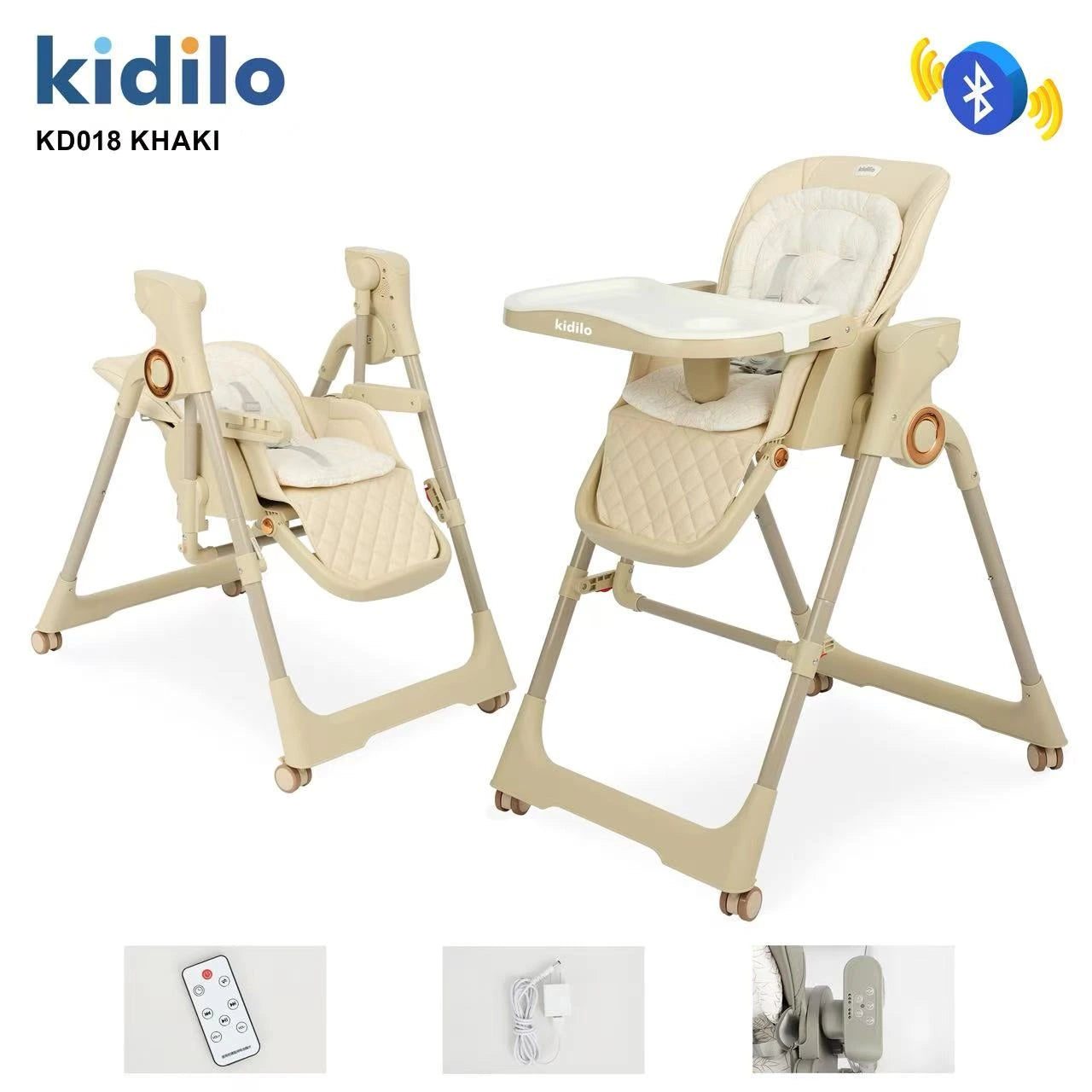 Kidilo KD018 Electric Baby High Chair & Rocking Swing | Bluetooth Music, Remote Control & Control Panel | Detachable Feeding Tray | Adjustable Recline | 5-Point Harness | Foldable Design | Lockable Wheels