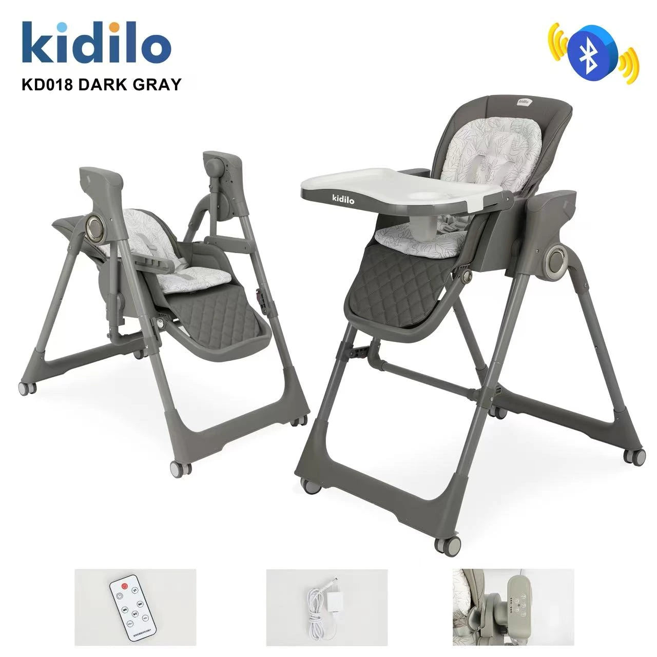 Kidilo KD018 Electric Baby High Chair & Rocking Swing | Bluetooth Music, Remote Control & Control Panel | Detachable Feeding Tray | Adjustable Recline | 5-Point Harness | Foldable Design | Lockable Wheels