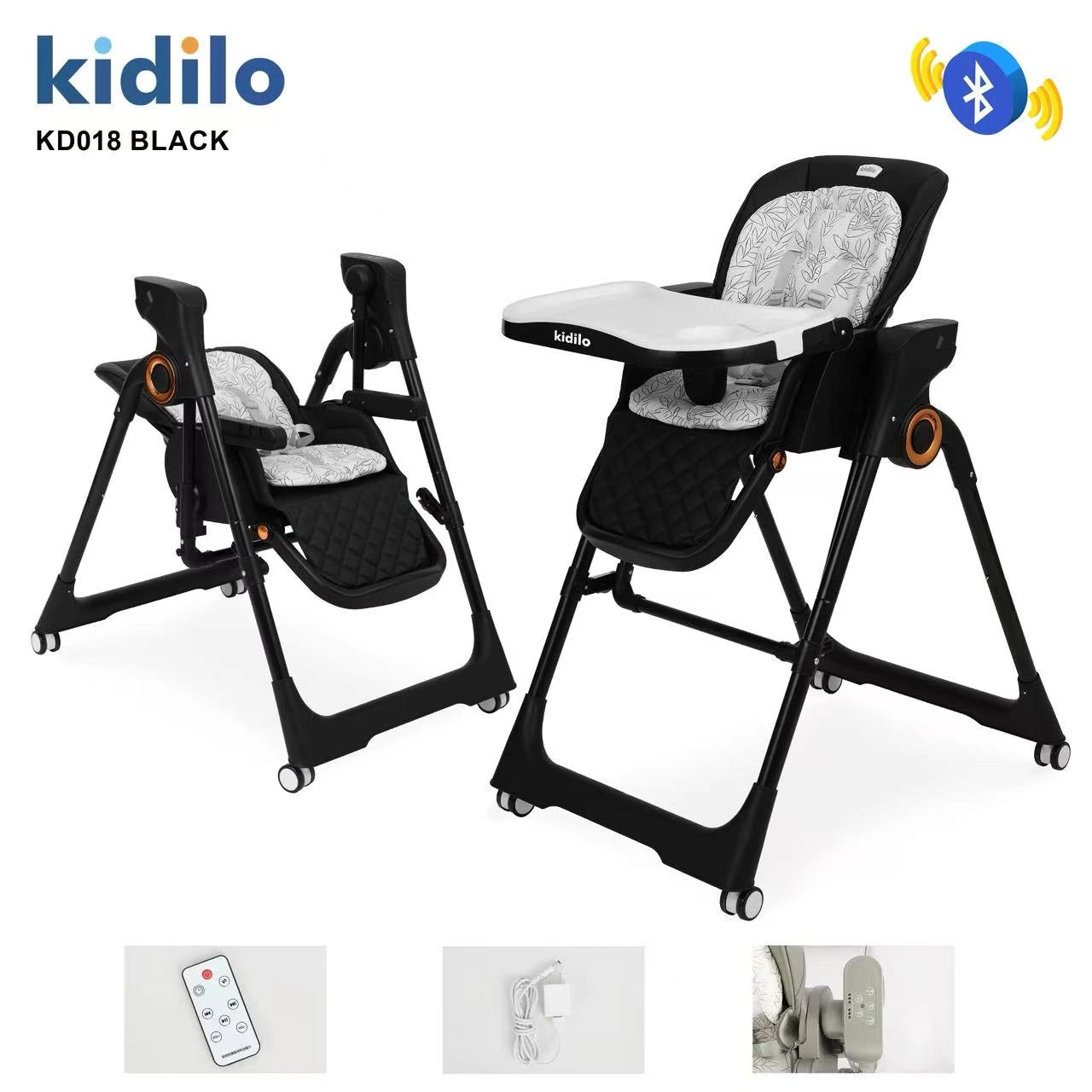 Kidilo KD018 Electric Baby High Chair & Rocking Swing | Bluetooth Music, Remote Control & Control Panel | Detachable Feeding Tray | Adjustable Recline | 5-Point Harness | Foldable Design | Lockable Wheels
