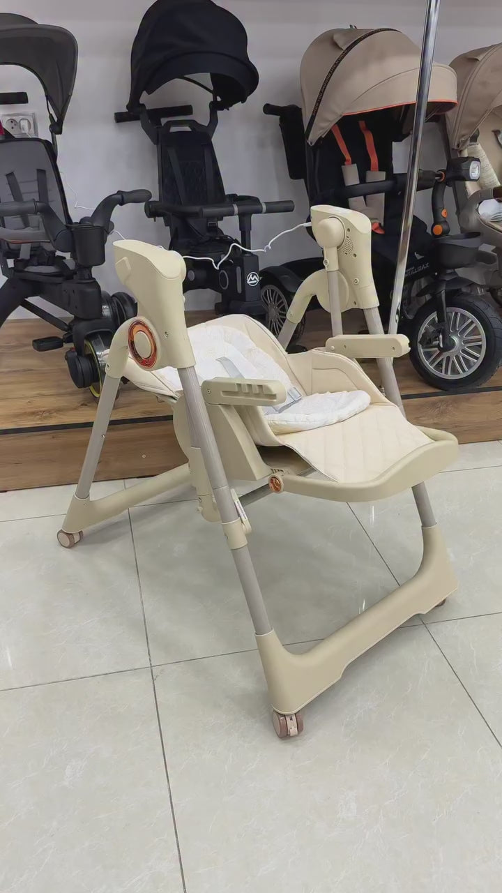 Kidilo KD018 Electric Baby High Chair & Rocking Swing | Bluetooth Music, Remote Control & Control Panel | Detachable Feeding Tray | Adjustable Recline | 5-Point Harness | Foldable Design | Lockable Wheels